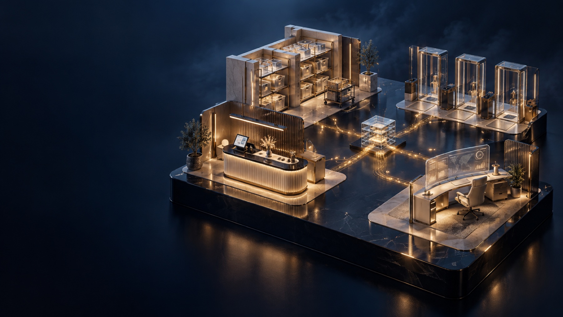 A cinematic miniature business: service counter, inventory room, inspection gates and operating desk connected by golden data routes.